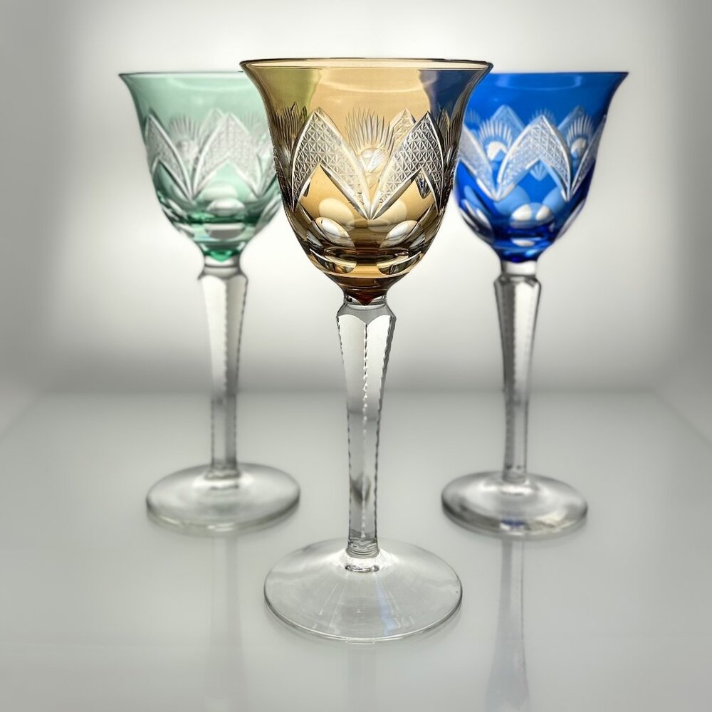 Crystal Wine Glasses | Cut to Clear | Amber, Cobalt, Aquamarine. Mid Century Bar - Picture 4 of 11